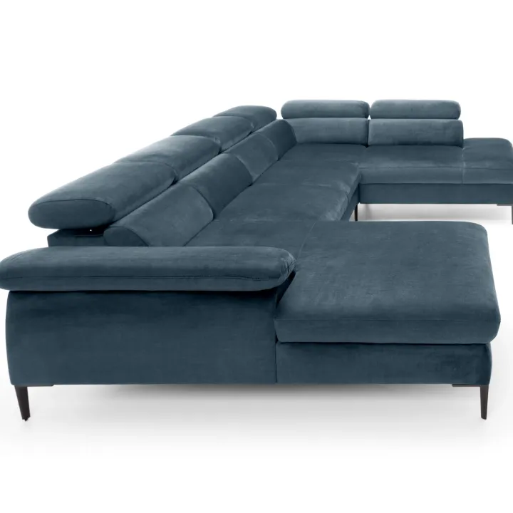 Divano letto regolabile angolare destro 5 posti 353x214cm tessuto azzurro Calmora