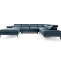 Divano letto regolabile angolare destro 5 posti 353x214cm tessuto azzurro Calmora