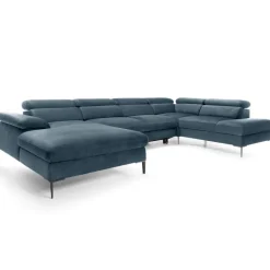 Divano letto regolabile angolare destro 5 posti 353x214cm tessuto azzurro Calmora