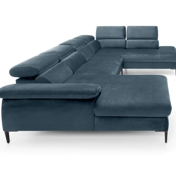 Divano letto regolabile angolare destro 5 posti 353x214cm tessuto azzurro Calmora
