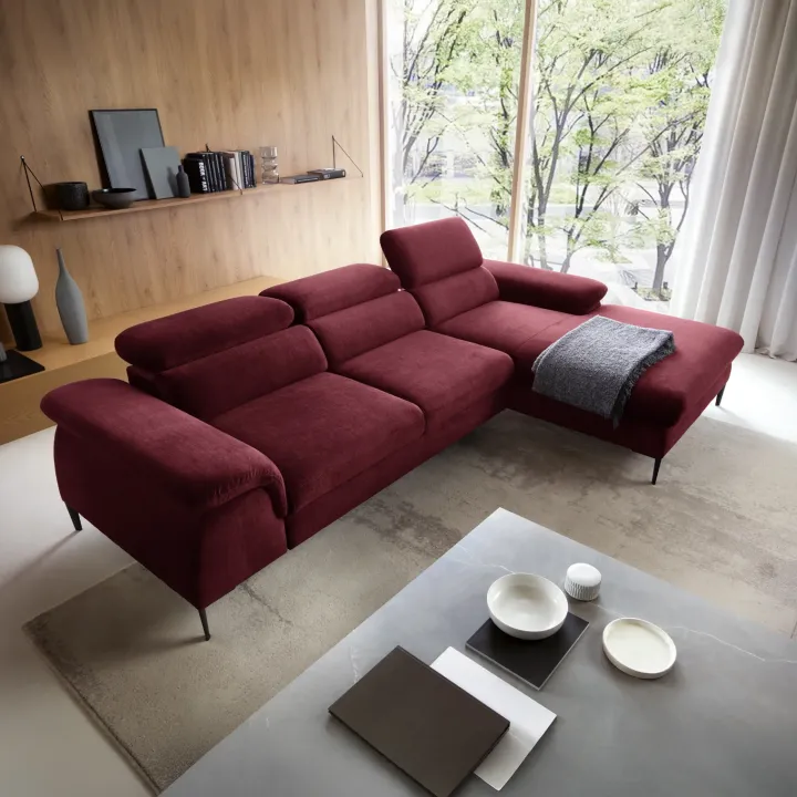 Divano letto regolabile angolare destra 4 posti 288x182cm tessuto rosso bordeaux Loungey