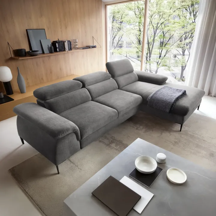 Divano letto regolabile angolare destra 4 posti 288x182cm tessuto grigio chiaro Loungey