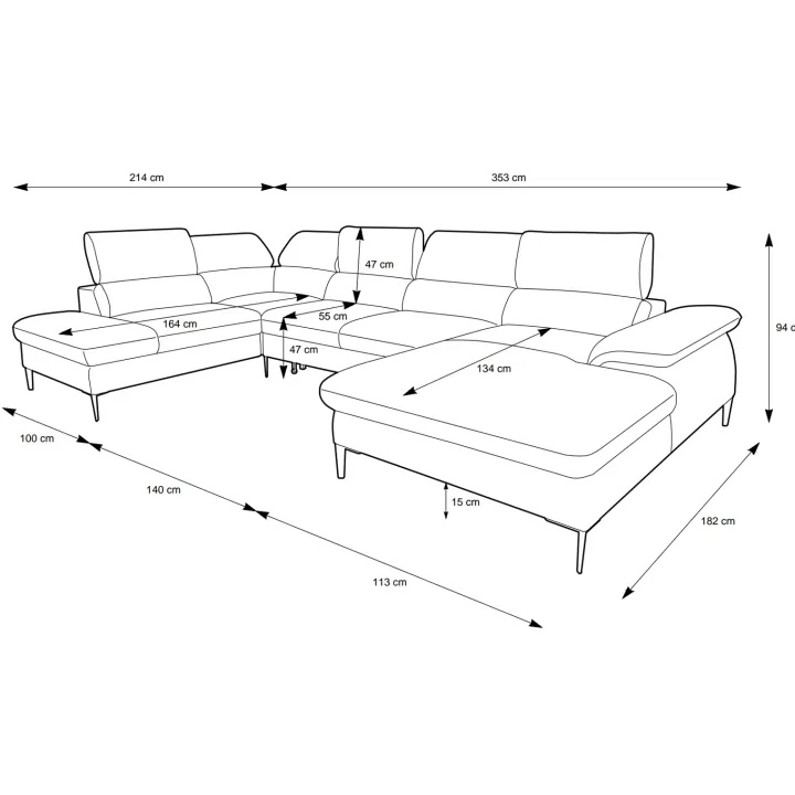 Divano letto regolabile angolare sinistro 5 posti 353x214cm tessuto grigio scuro Calmora