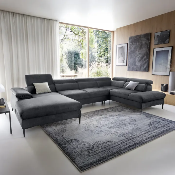 Divano letto regolabile angolare destro 5 posti 353x214cm tessuto grigio scuro Calmora