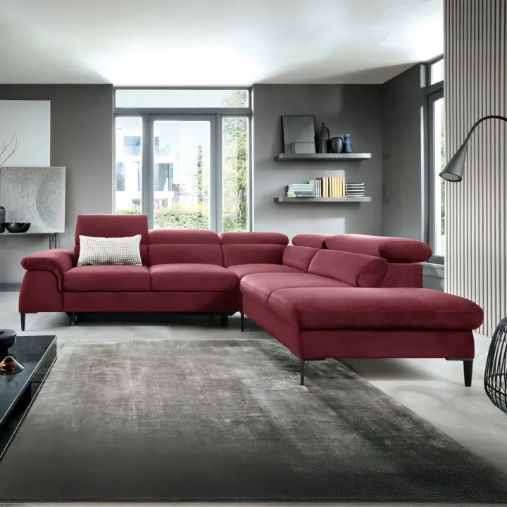 Divano letto regolabile angolare destra 5 posti 280x214cm tessuto rosso bordeaux Snuggity