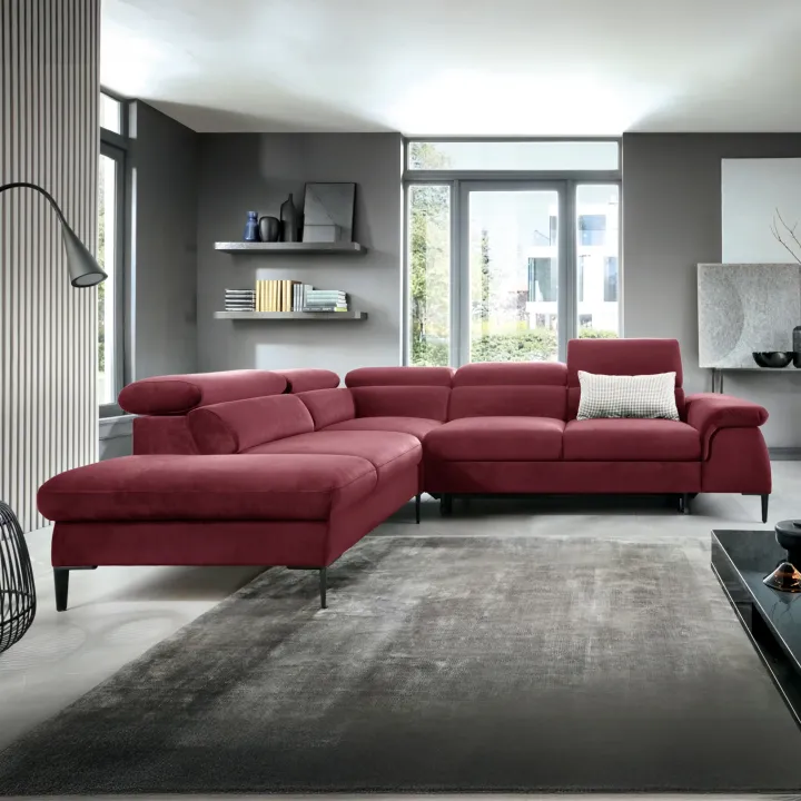 Divano letto regolabile angolare sinistra 5 posti 280x214cm tessuto rosso bordeaux Snuggity