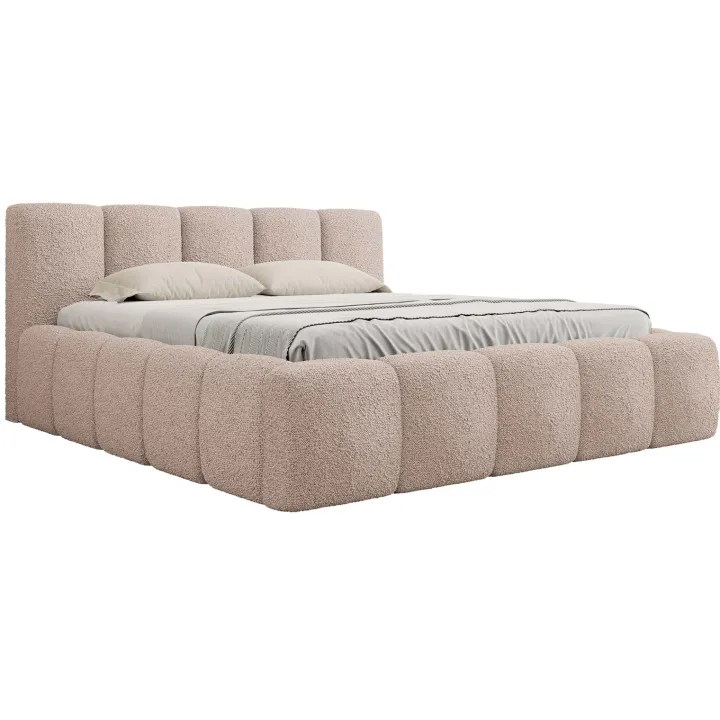 Letto alla francese 140x200cm con rete contenitore imbottito tessuto bouclé rosa Aluna