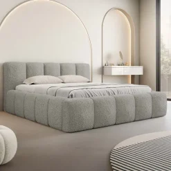 Letto alla francese 140x200cm con rete contenitore imbottito tessuto bouclé grigio Aluna