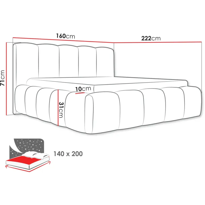 Letto alla francese 140x200cm con rete contenitore imbottito tessuto bouclé grigio Aluna