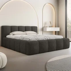 Letto alla francese 140x200cm con rete contenitore imbottito tessuto bouclé nero Aluna