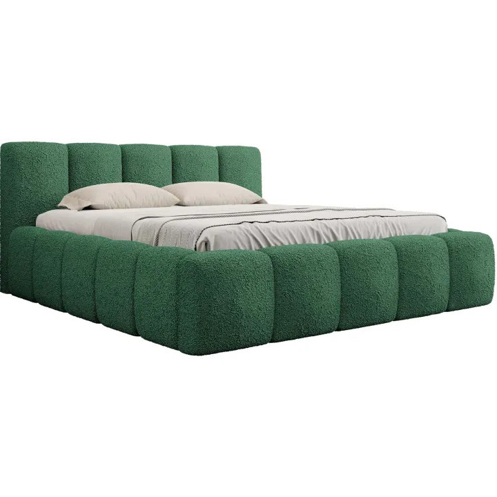 Letto alla francese 140x200cm con rete contenitore imbottito tessuto bouclé verde Aluna
