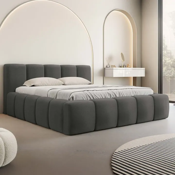 Letto alla francese 140x200cm con rete contenitore imbottito grigio scuro Aluna