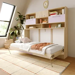 Letto a scomparsa orizzontale 90x200cm singolo con libreria rovere rosa Alvin Gihome®