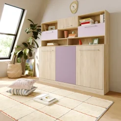 Letto a scomparsa orizzontale 90x200cm singolo con libreria rovere rosa Alvin Gihome®