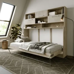 Letto a scomparsa orizzontale 90x200cm singolo con libreria rovere chiaro beige sabbia Alvin Gihome®