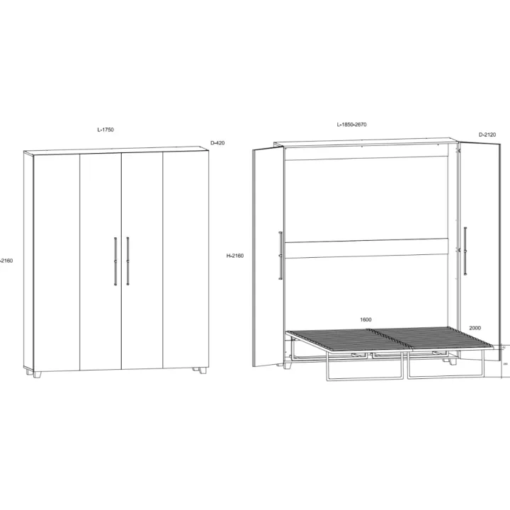 Letto a scomparsa verticale 160x200cm matrimoniale rovere sonoma Calvin Gihome®