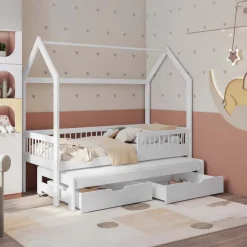 Letto bambini Montessori a casetta 90x200cm con letto estraibile e cassettoni bianco opaco Homy