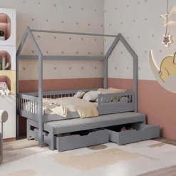 Letto bambini Montessori a casetta 90x200cm con letto estraibile e cassettoni grigio Homy