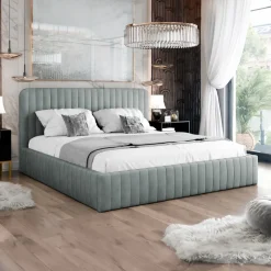 Letto contenitore alla francese 140x200cm imbottito velluto grigio Poffi