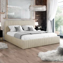 Letto contenitore alla francese 140x200cm imbottito velluto beige Poffi