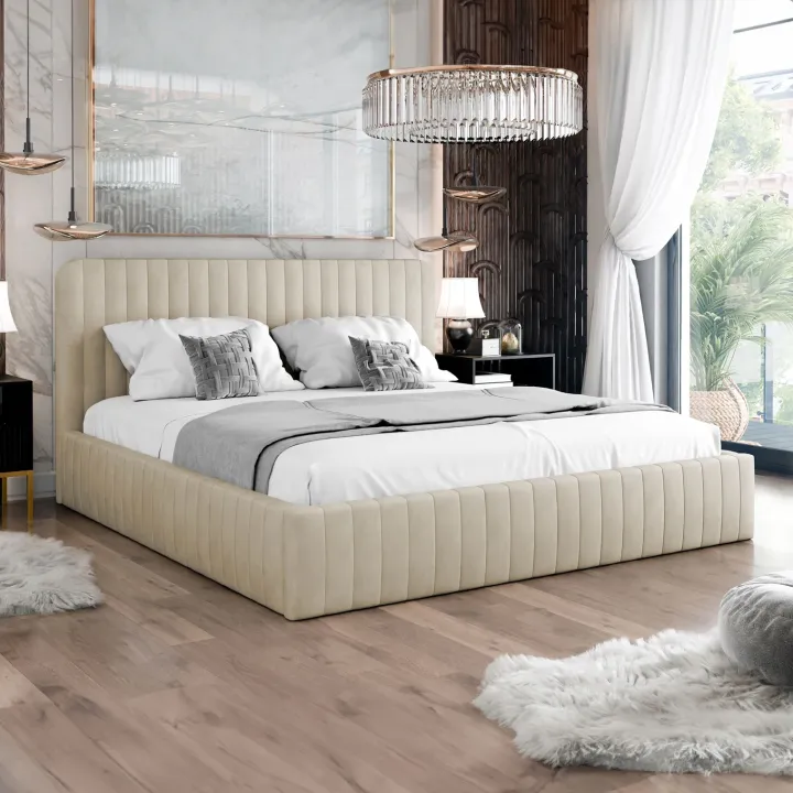 Letto contenitore alla francese 140x200cm imbottito velluto beige Poffi