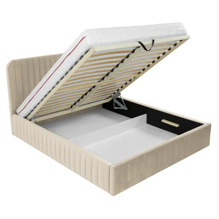 Letto contenitore alla francese 140x200cm imbottito velluto beige Poffi