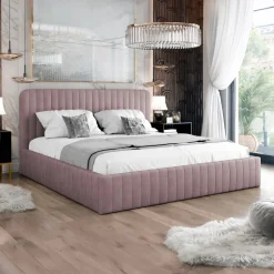 Letto contenitore alla francese 140x200cm imbottito velluto rosa Poffi