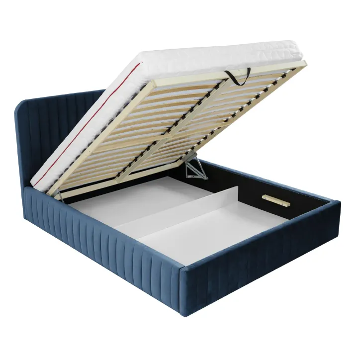 Letto contenitore alla francese 140x200cm imbottito velluto blu Poffi