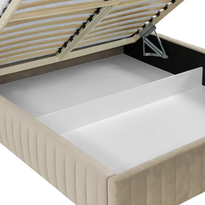 Letto contenitore matrimoniale 160x200 imbottito velluto beige Poffi