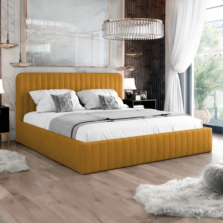 Letto contenitore matrimoniale 160x200 imbottito velluto senape Poffi