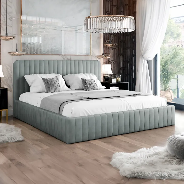 Letto contenitore matrimoniale 160x200 imbottito velluto grigio Poffi