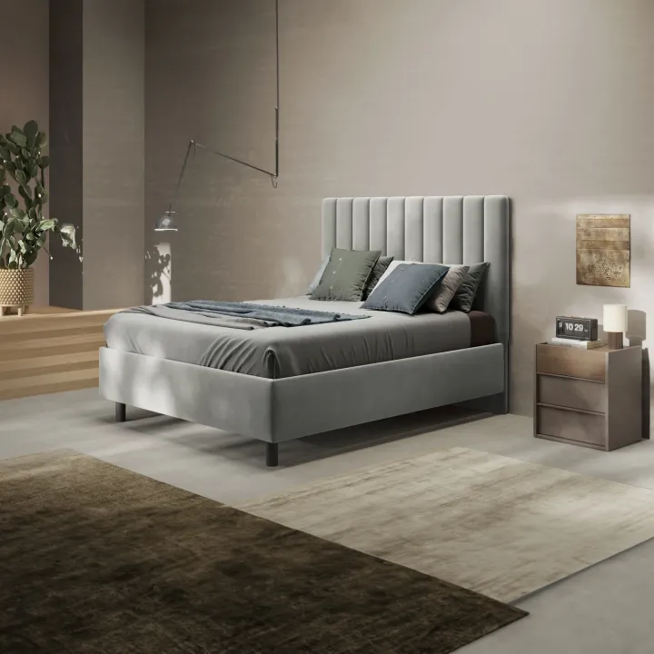 Letto contenitore matrimoniale 160x195 imbottito tessuto grigio CozyCubby