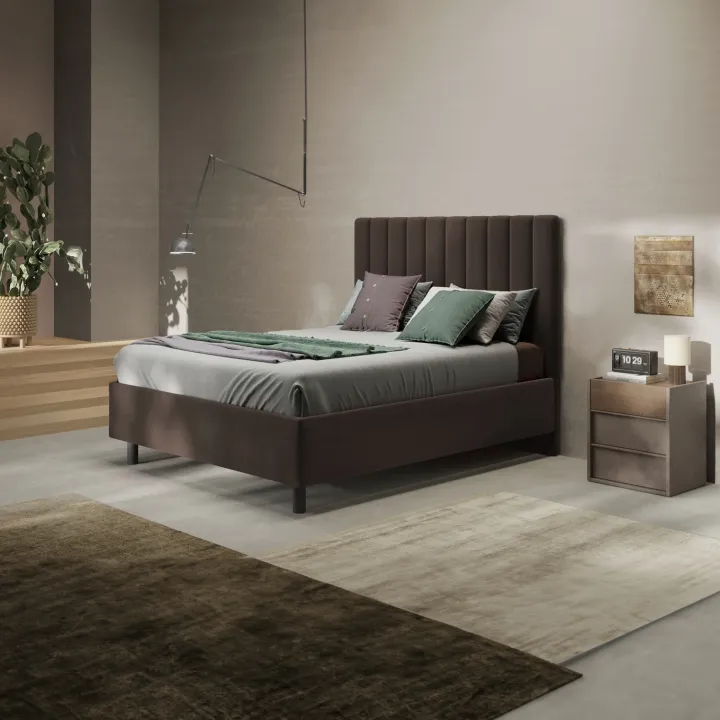 Letto contenitore matrimoniale 160x195cm imbottito tessuto marrone CozyCubby