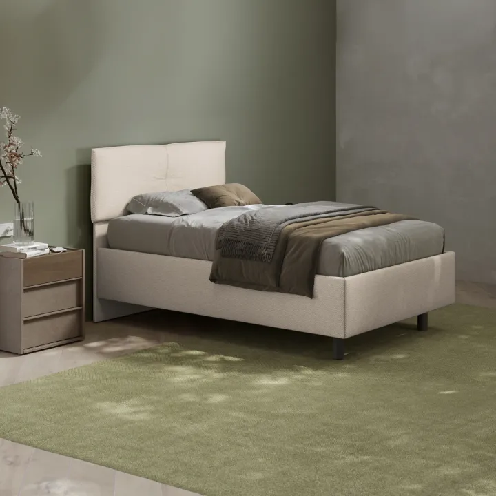 Letto contenitore una piazza e mezza 120x195 imbottito tessuto bianco sabbia EliteDreams