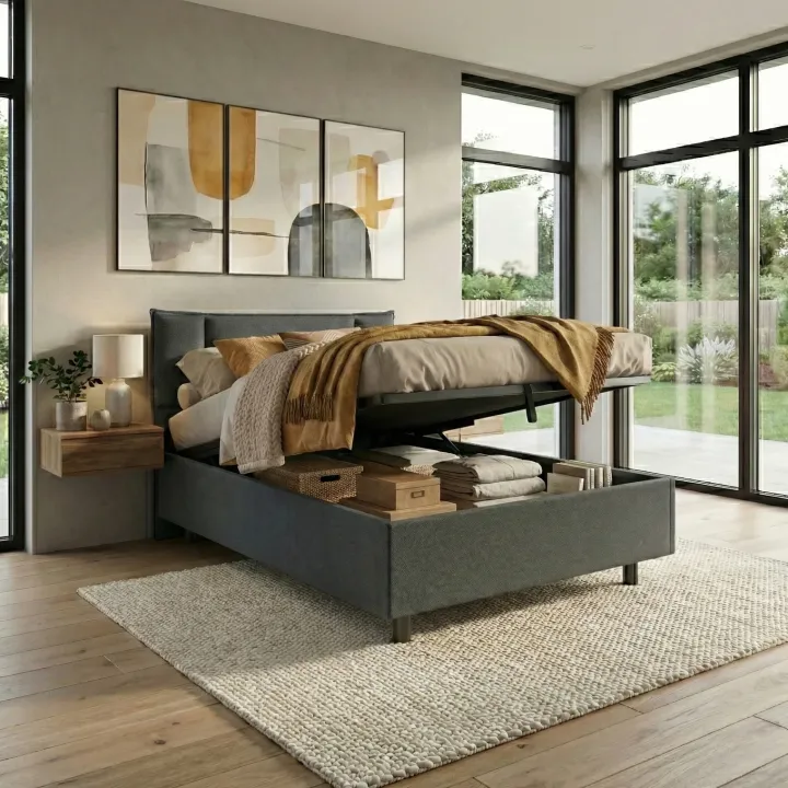 Letto contenitore una piazza e mezza 120x195 imbottito tessuto antracite CozyHaven
