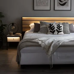 Letto matrimoniale contenitore 160x200cm con LED e presa USB-C grigio nero rovere Luna