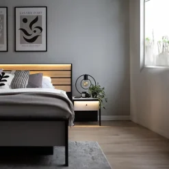 Letto matrimoniale contenitore 160x200cm con LED e presa USB-C grigio nero rovere Luna