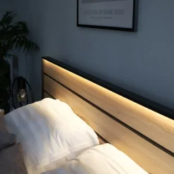 Letto matrimoniale contenitore 160x200cm con LED e presa USB-C grigio nero rovere Luna