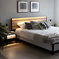 Letto matrimoniale contenitore 160x200cm con LED e presa USB-C grigio nero rovere Luna