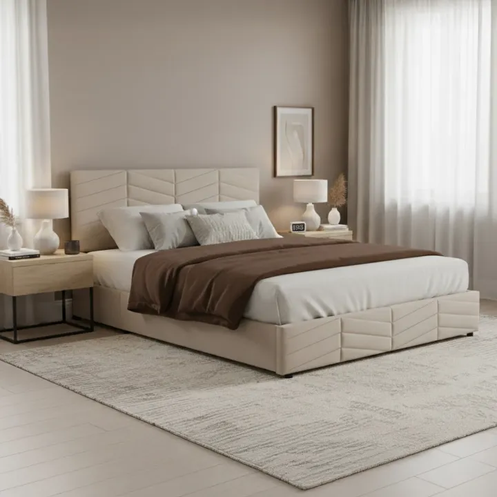 Letto matrimoniale contenitore 160x200 cm imbottito con rete e testiera regolabile beige Perlier