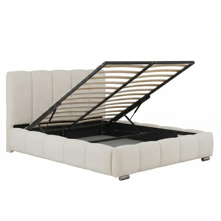 Letto matrimoniale contenitore 160x200 cm con rete tessuto imbottito bianco panna Stars