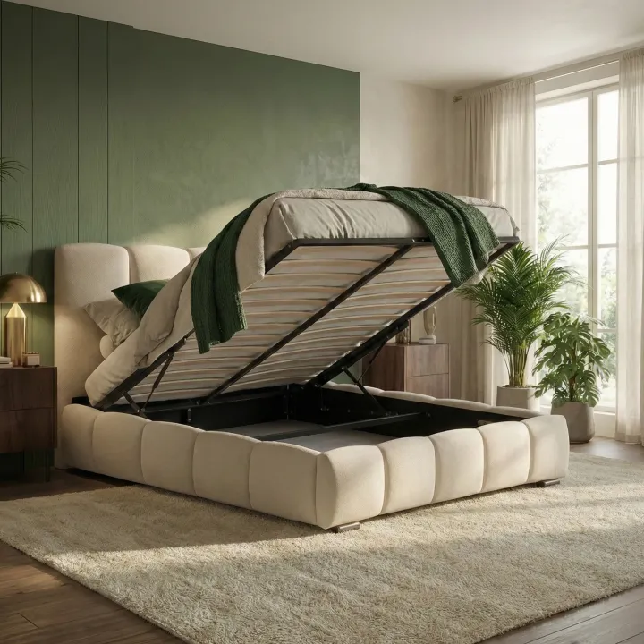 Letto matrimoniale contenitore 160x200 cm con rete tessuto imbottito bianco panna Stars