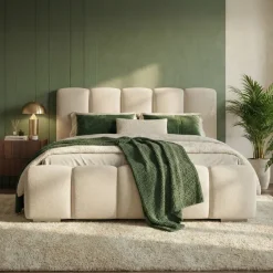 Letto matrimoniale contenitore 160x200 cm con rete tessuto imbottito bianco panna Stars