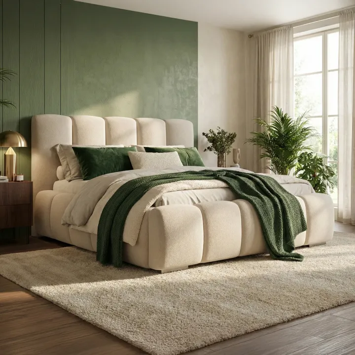Letto matrimoniale contenitore 160x200 cm con rete tessuto imbottito bianco panna Stars