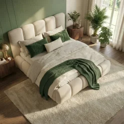 Letto matrimoniale contenitore 160x200 cm con rete tessuto imbottito bianco panna Stars