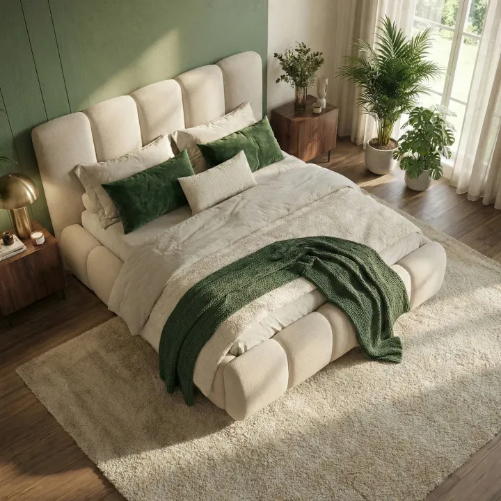 Letto matrimoniale contenitore 160x200 cm con rete tessuto imbottito bianco panna Stars
