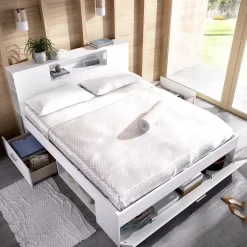 Letto matrimoniale 160x200cm con cassettoni e libreria bianco opaco Nolito