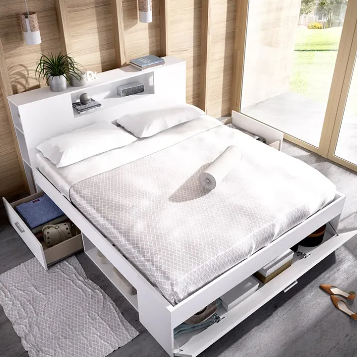 Letto matrimoniale 160x200cm con cassettoni e libreria bianco opaco Nolito