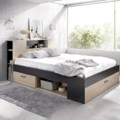 Letto matrimoniale 160x200cm con cassettoni e libreria rovere antracite Nolito