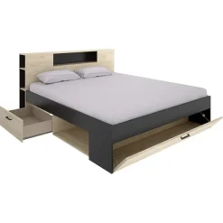 Letto matrimoniale 160x200cm con cassettoni e libreria rovere antracite Nolito